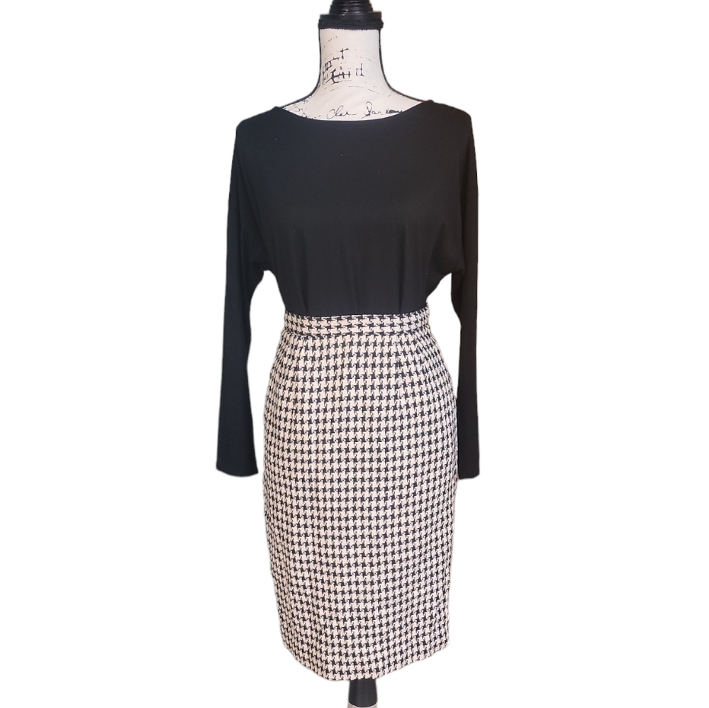 Vintage Houndstooth Silk Vicose Blend Pencil Classy‎ Preppy Skirt